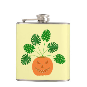 Halloween Monstera Plant in Pumpkin Hip Flask