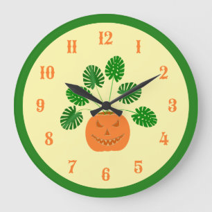 Halloween Monstera Plant in Pumpkin Large Clock