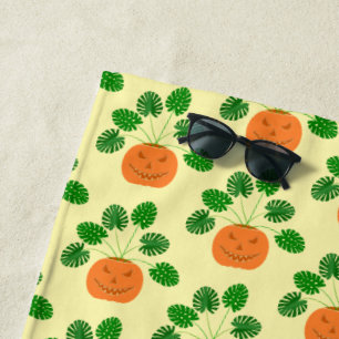 Halloween Monstera Plant in Pumpkin Patterned Beach Towel