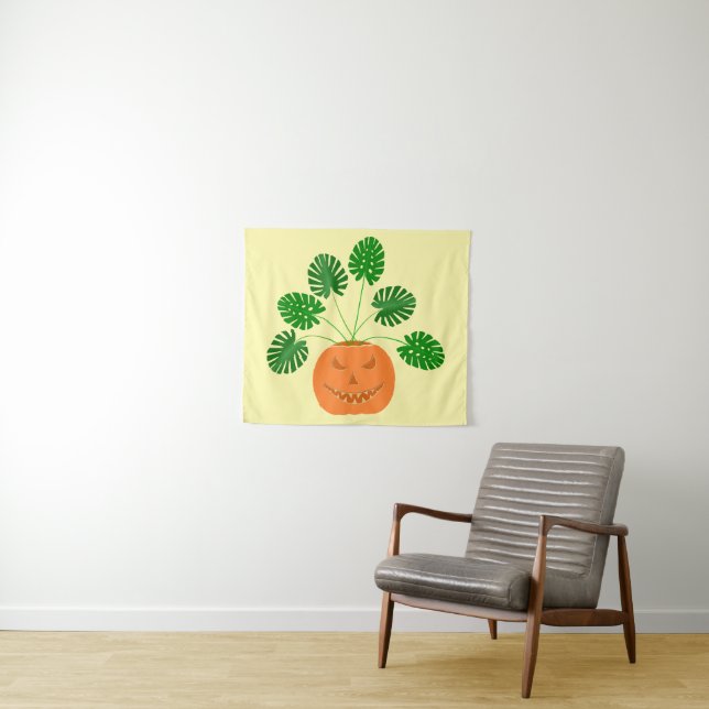Halloween Monstera Plant in Pumpkin Tapestry (In Situ (Horizontal))