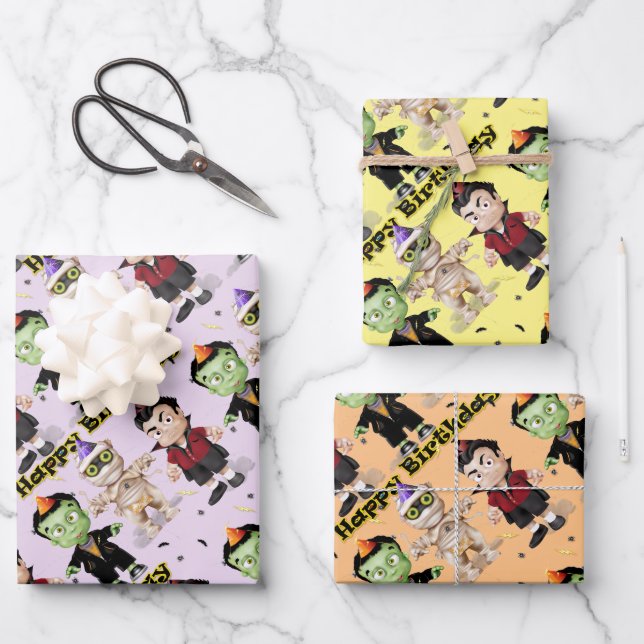 Halloween Monsters Kids Birthday Wrapping Paper Sheet (Front)