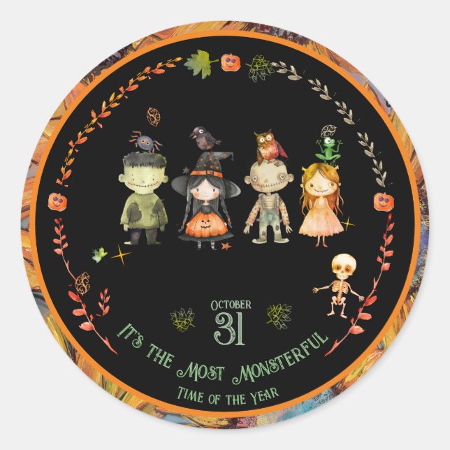 Halloween Monsters Party Orange Classic Round Sticker (Front)