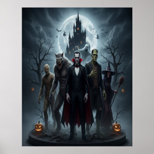 Halloween Monsters Poster Cinematic Spooky Scene