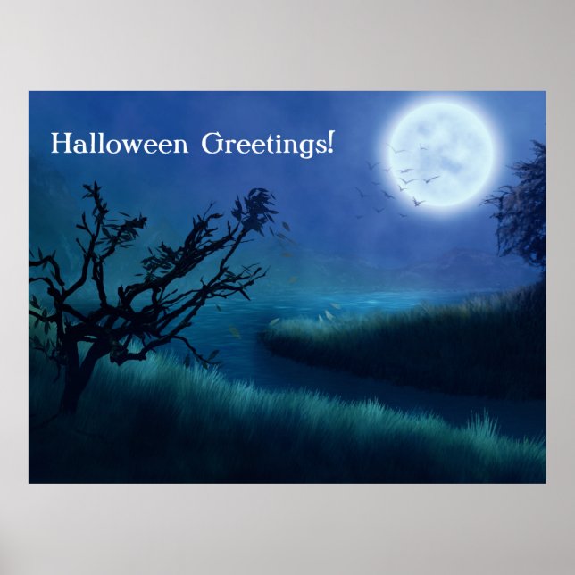 Halloween Moon at Night in Shades of Blue & Green Poster (Front)