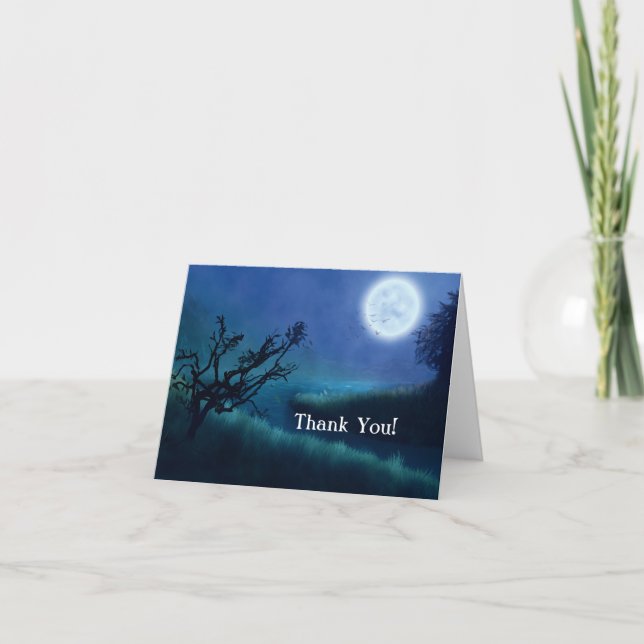 Halloween Moon at Night in Shades of Blue & Green Thank You Card (Front)