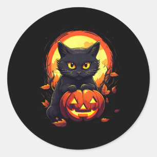 Halloween Moon Black Cat and Pumpkin For Men Women Classic Round Sticker