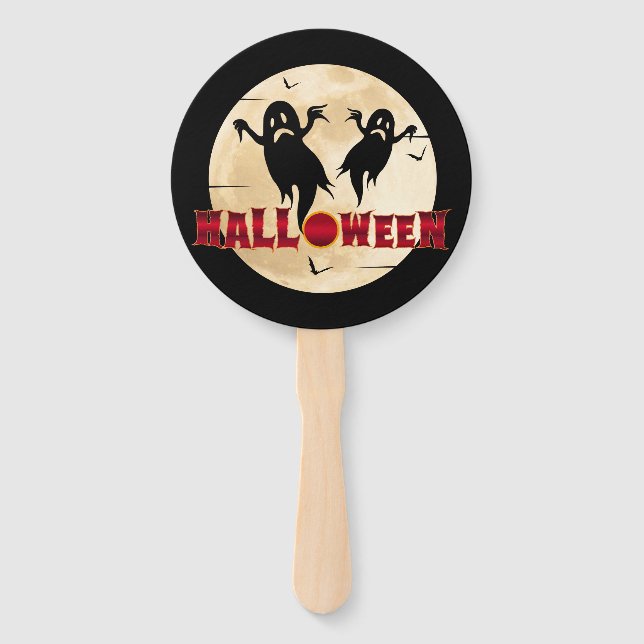 Halloween Moon Silhouette Ghosts Bats Hand Fan (Front)