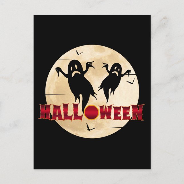Halloween Moon Silhouette Ghosts Bats Postcard (Front)