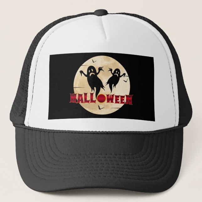 Halloween Moon Silhouette Ghosts Bats Trucker Hat (Front)