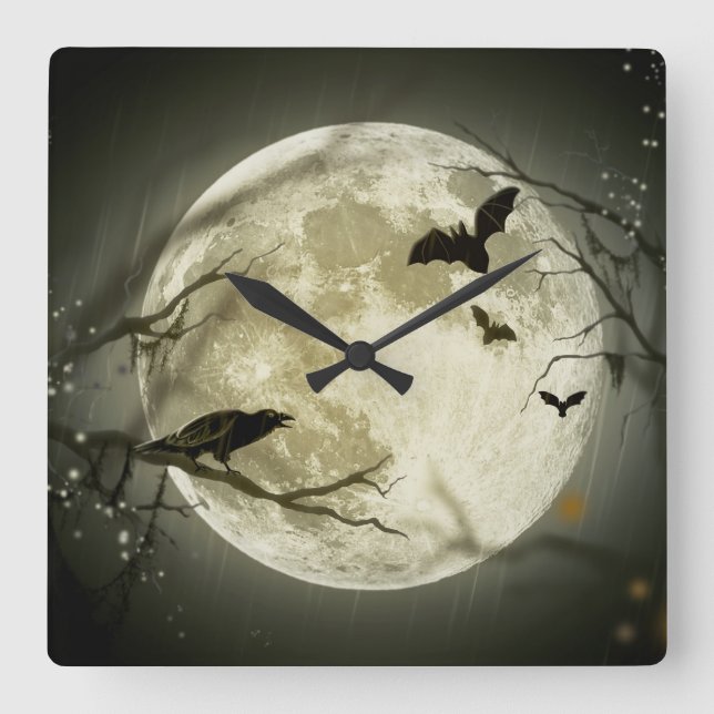 Halloween Moon Spooky Crows Square Wall Clock (Front)