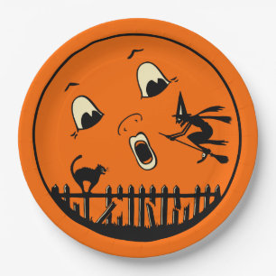 Halloween Moon Vintage Design - Black Cat & Witch Paper Plate