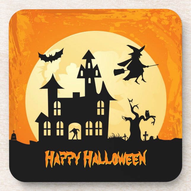 Halloween Moonlight Haunted House in Graveyard Coaster (Front)