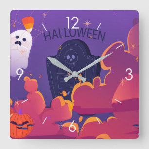 Halloween Moonlight Haunted House Square Wall Cloc Clock