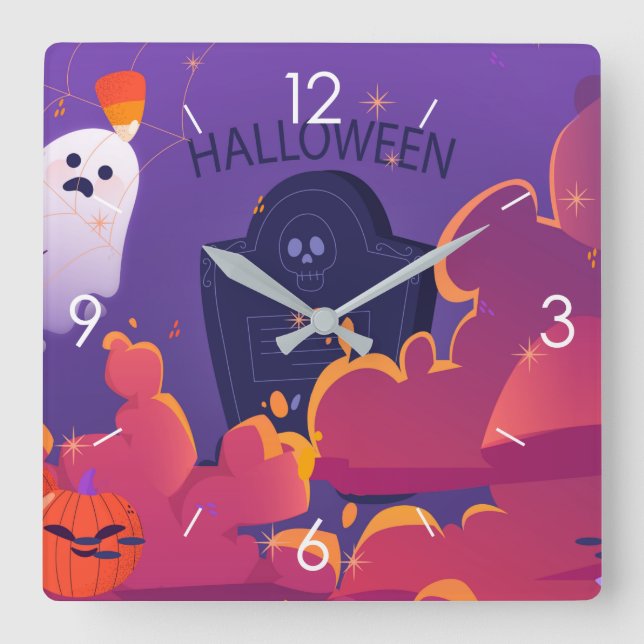 Halloween Moonlight Haunted House Square Wall Cloc Clock (Front)