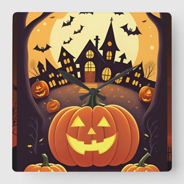 Halloween Moonlight Haunted House Square Wall Clock (Front)