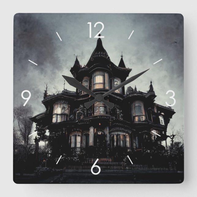Halloween Moonlight Haunted House Square Wall Clock (Front)