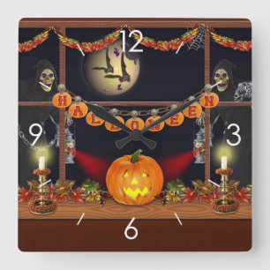 Halloween Moonlight Haunted House Square Wall Clock