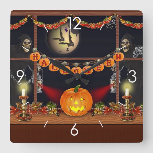 Halloween Moonlight Haunted House Square Wall Clock (Front)