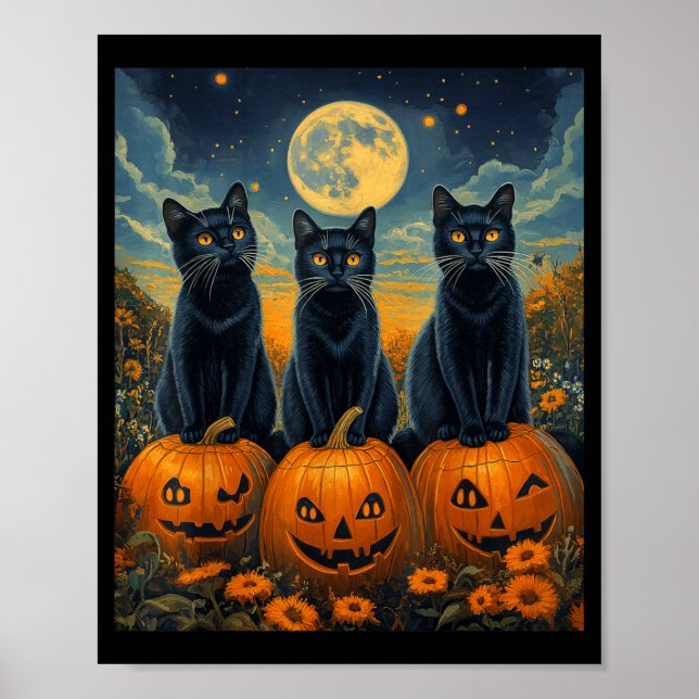 Halloween Moonlit Pumpkin Patch Black Cats Poster (Front)