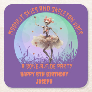 Halloween Moonlit Skies and Skeleton Vibes Square Paper Coaster