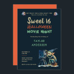Halloween Movie Night Gremlin Character Sweet 16 Invitation<br><div class="desc">A fun Sweet 16 Halloween birthday party invitation with a movie night theme, featuring a gremlin character operating a movie projector, in watercolor. Elegant, modern, simple and fun, it will please the fans of movie nights and Halloween fun and a girl celebrating her sixteenth birthday with a Halloween movie night...</div>