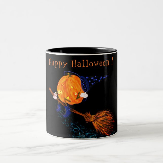 Halloween Mug Witch Pumpkin Flying with Broom (Center)