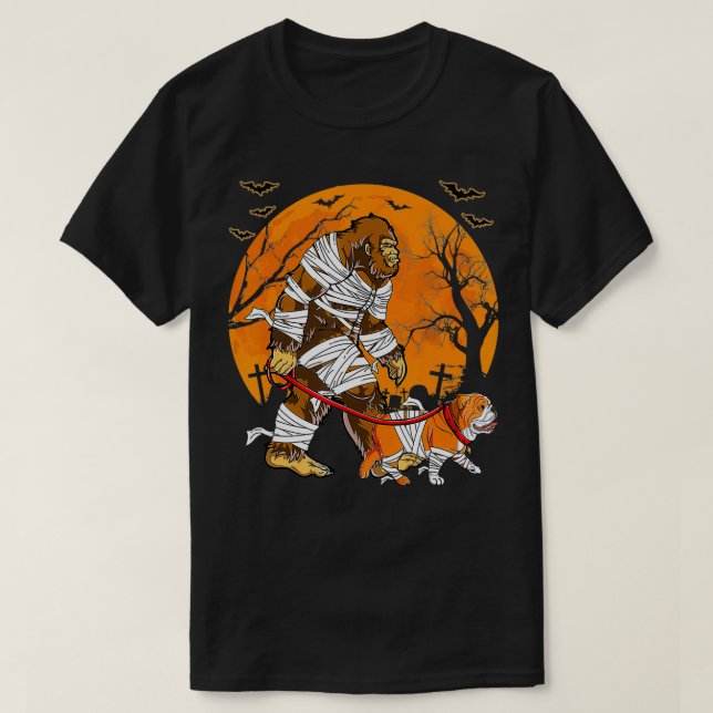 Halloween Mummy Bigfoot Walking With Bulldog T-Shirt (Design Front)