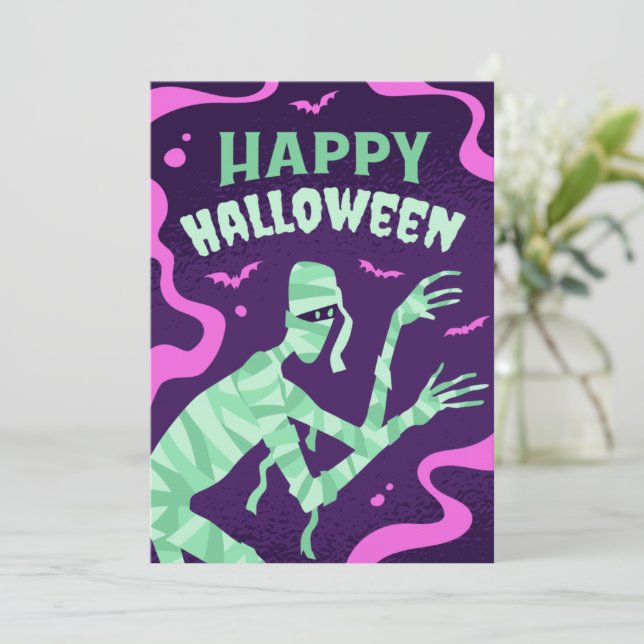 HALLOWEEN MUMMY CARTOON, HAPPY HALLOWEEN  HOLIDAY CARD (Standing Front)