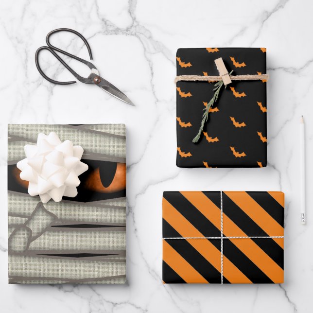 Halloween Mummy Eyes/Bats/Stripes Orange ID685 Wrapping Paper Sheet (Front)