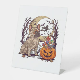 Halloween Mummy French Bulldog Pumpkin Candy Witch Pedestal Sign