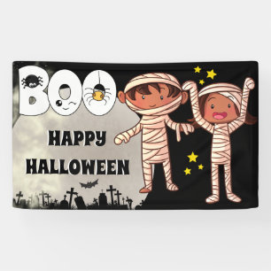 Halloween mummy kids graveyard boo full moon banner