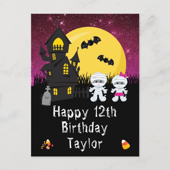 Halloween Mummy Pink Happy Birthday Postcard (Front)