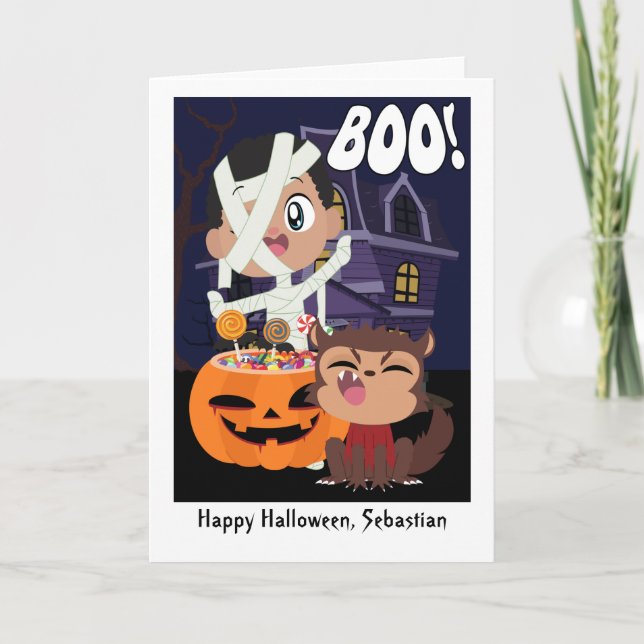 Halloween Mummy, Pumpkin and Werewolf Personalised Card (Front)