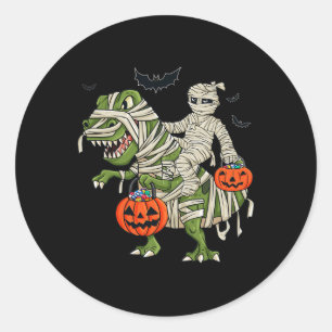 Halloween Mummy Riding T Rex Fun Boys Girls Kids Classic Round Sticker
