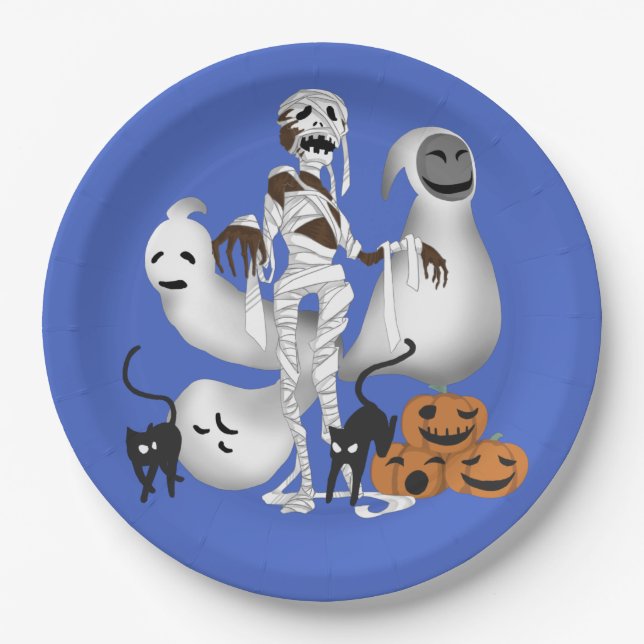 Halloween Mummy with Kitty Cats and Ghost   Paper Plate (Front)
