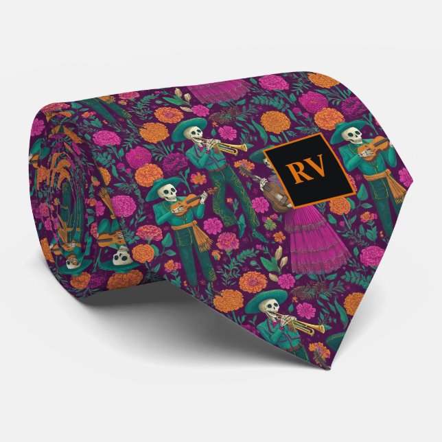 Halloween Musical Skeletons with Flowers Tie (Rolled)