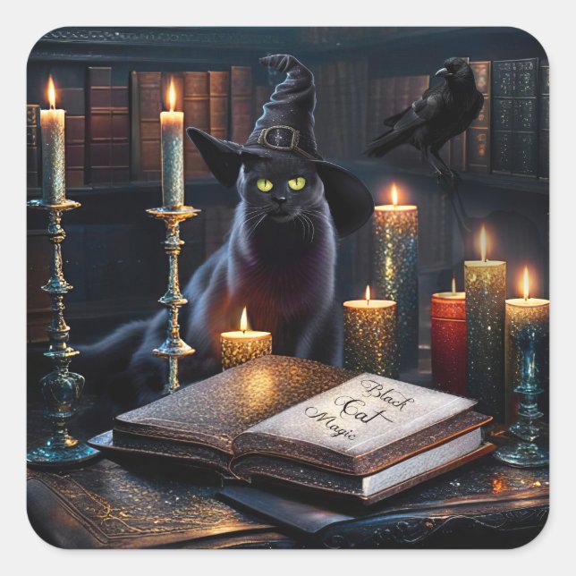 Halloween Mystical Black Cat Magic Square Sticker (Front)