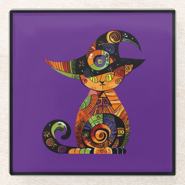 Halloween/mystical/cat/fall  glass coaster (Front)