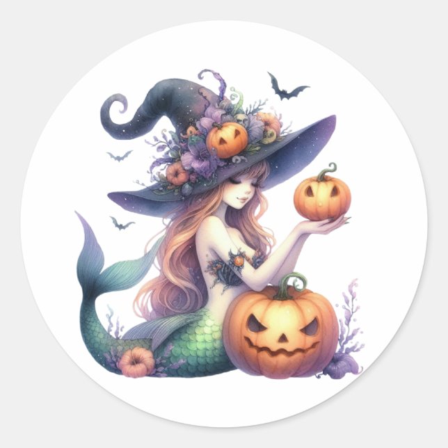 Halloween Mystical Mermaid Girl Classic Round Sticker (Front)