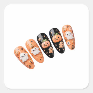 Halloween Nails Black Orange - Cute Ghost Pumpkin Square Sticker