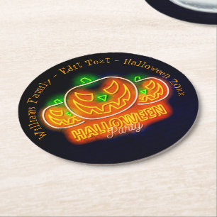 Halloween Name Year 20xx Neon Glow Look Pumpkin Round Paper Coaster