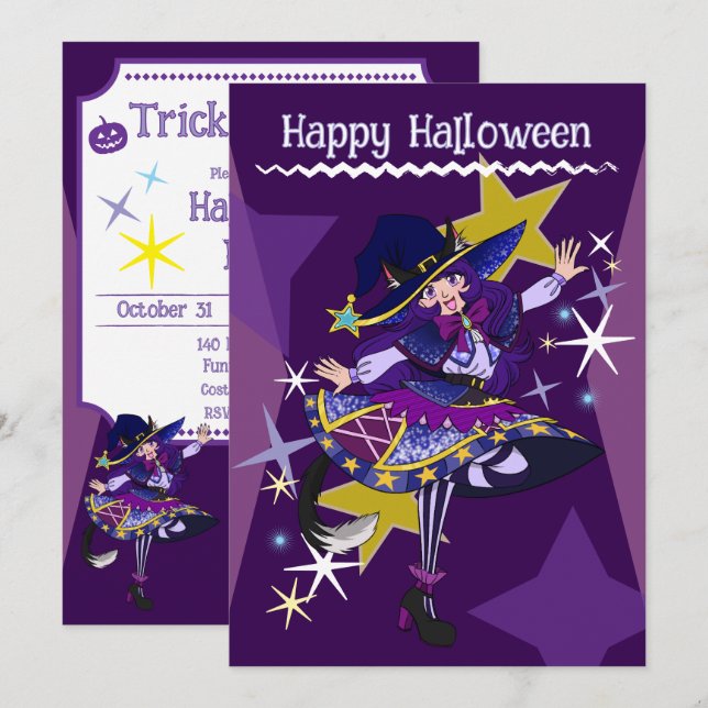 Halloween Neko Witch Invitation Card (Front/Back)