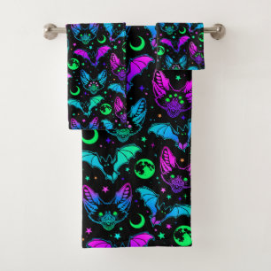 Halloween Neon Cats, Bats, Moons and Stars   Bath Towel Set