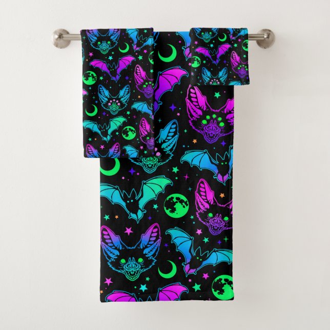 Halloween Neon Cats, Bats, Moons and Stars   Bath Towel Set (Insitu)