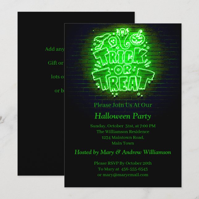Halloween Neon Glow Look Green Trick Treat Party Invitation (Front/Back)