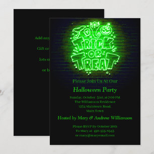 Halloween Neon Glow Look Green Trick Treat Party Invitation