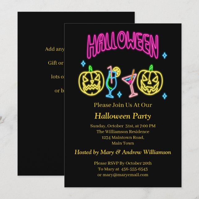 Halloween Neon Glow Look Pumpkin Cocktail Party Invitation (Front/Back)