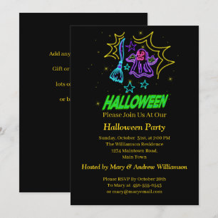 Halloween Neon Glow Look Purple Ghost Broom Party Invitation