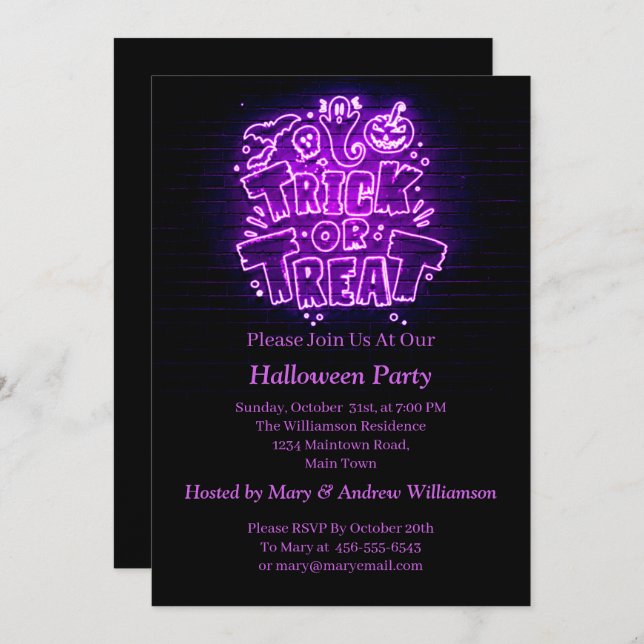 Halloween Neon Glow Look Purple Trick Treat Party Invitation (Front/Back)