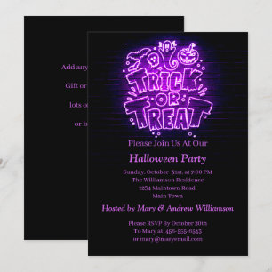 Halloween Neon Glow Look Purple Trick Treat Party Invitation